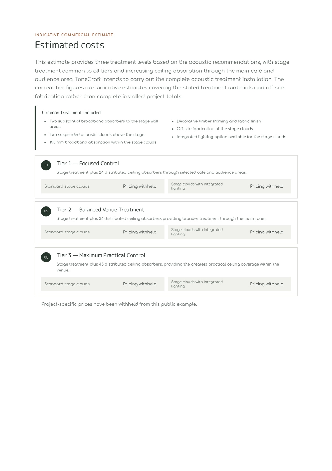 Example acoustic treatment estimate with three cost tiers