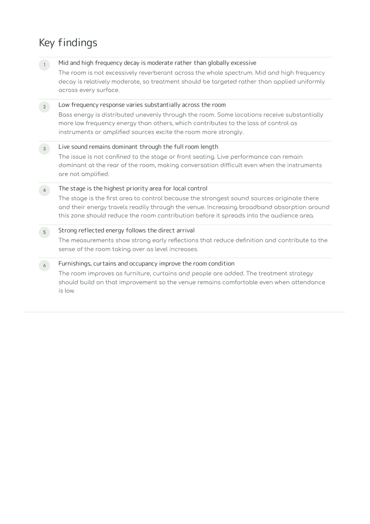 Example report page outlining key acoustic findings
