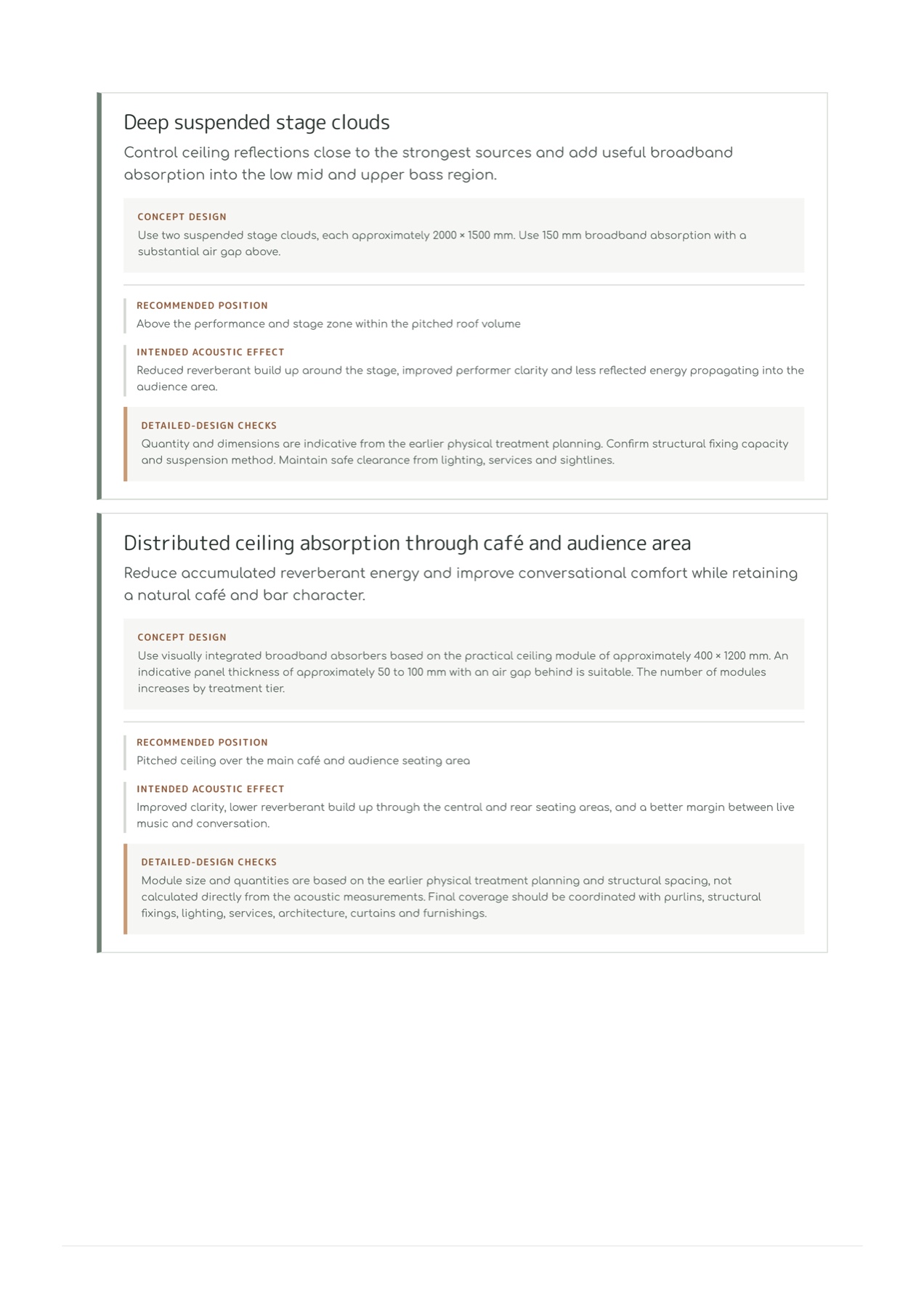 Example report page with practical acoustic recommendations